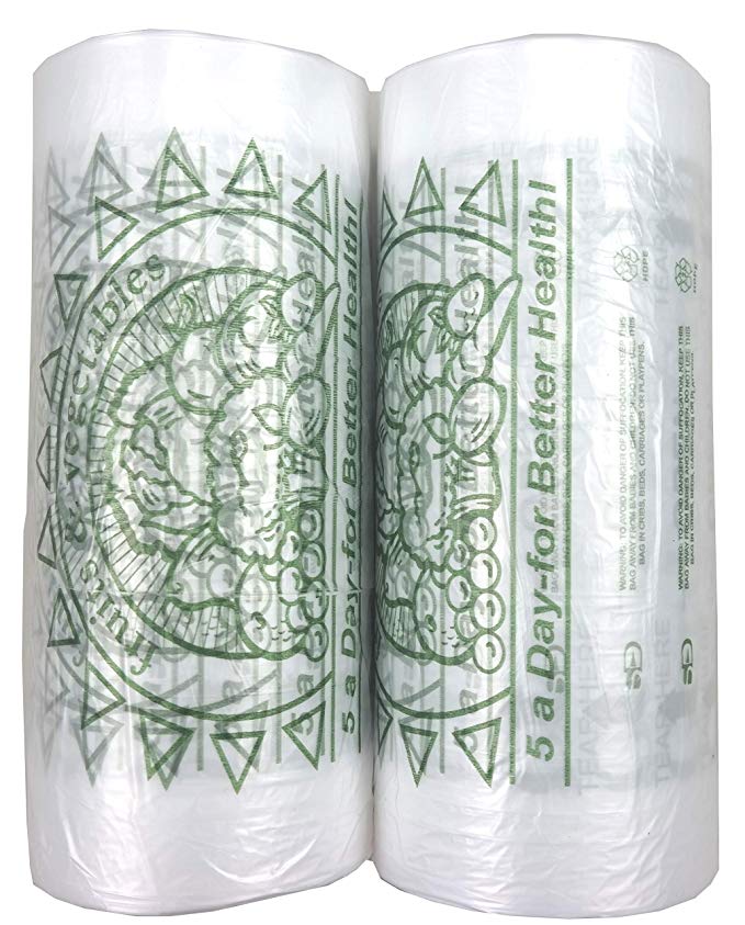 12x17 Plastic Produce Bags On a Roll Printed 5-A-Day 12 mic 4 Rolls 2000 Bags