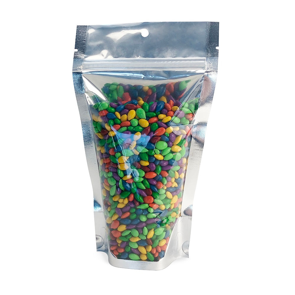 5" x 3" x 8.5" Clear Front Silver Back Zip Lock Barrier Stand Up Pouches with Hang Holes 3 Mil 4 oz Case:1000