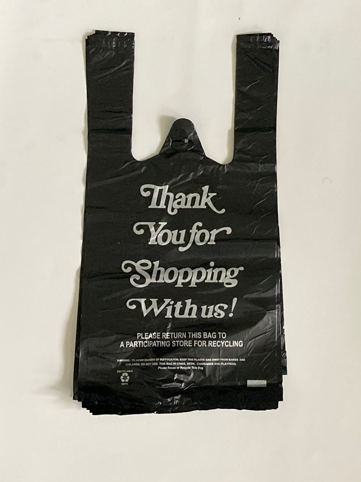 Thank You T Shirt Bags pk. of 1000 Black 8x4x16 14 Microns 1/10 size Plastic Shopping Bags