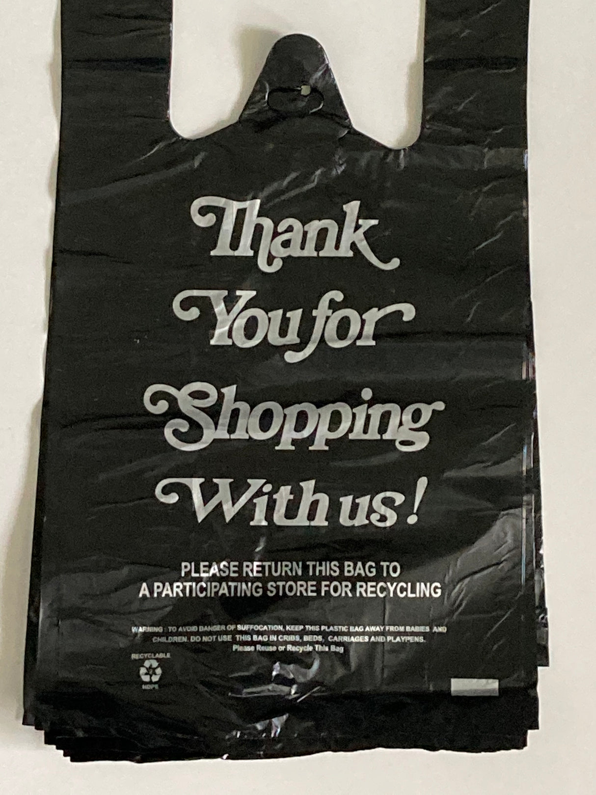 Thank You T Shirt Bags pk. of 1000 Black 8x4x16 14 Microns 1/10 size Plastic Shopping Bags