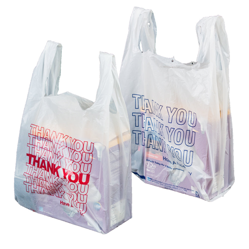 Thank You T Shirt Bags pk. of 500 White 12x7x23 16 Microns 1/6 size Red Print Plastic Shopping Bags