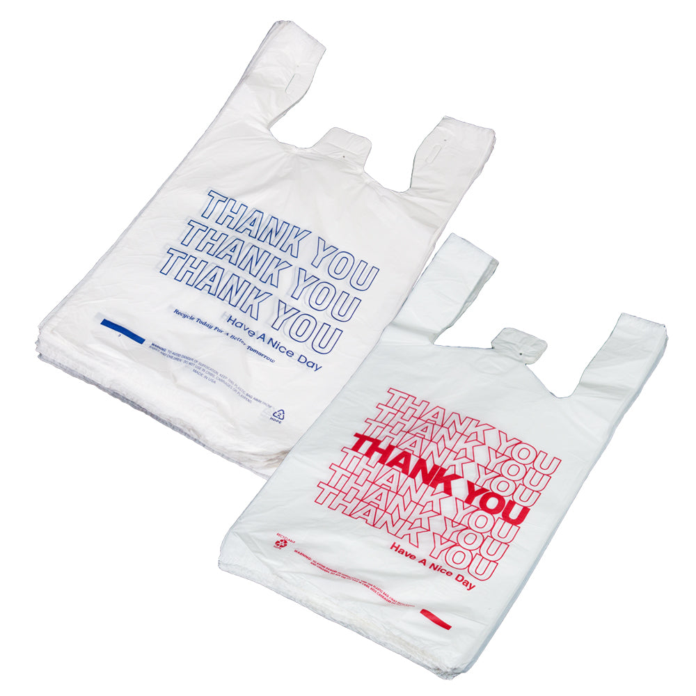 Thank You T Shirt Bags pk. of 1000 White 10x5x18 14 Microns 1/8 size Red Print Plastic Shopping Bags