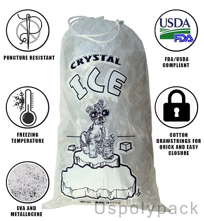 10 lb Ice Bags with Drawstring 11  x 19 x 1.4 mil Case:500