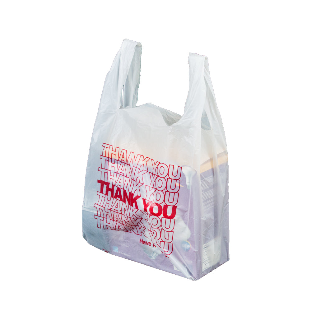 Thank You T Shirt Bags pk. of 1000 White 10x5x18 14 Microns 1/8 size Red Print Plastic Shopping Bags