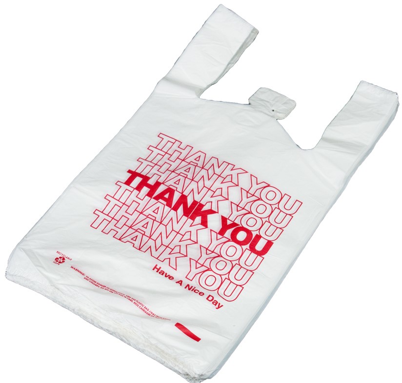 Thank You T Shirt Bags pk. of 1000 White 11.5x6.5x21 12 Microns 1/6 size Red Print Plastic Shopping Bags